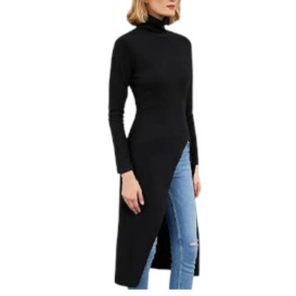 Cloud & Moon Tops - Cloud & Moon Chic Sexy Slim Fit Turtleneck Split High Black Duster Top